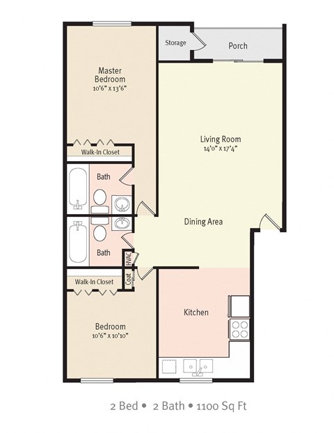Floor plan for 2 beds, 2 baths, 1100 sqft